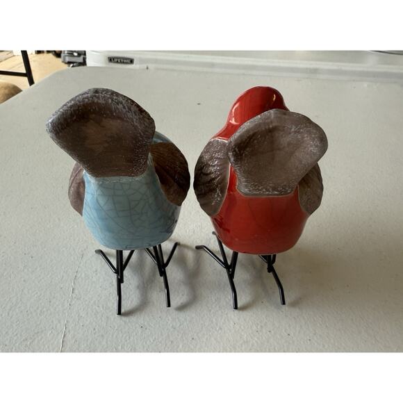 Ceramic Crackle Glazed Garden Bird Metal Feet Blue Jay Red Bird Cardinal 4"×5" - Picture 2 of 9